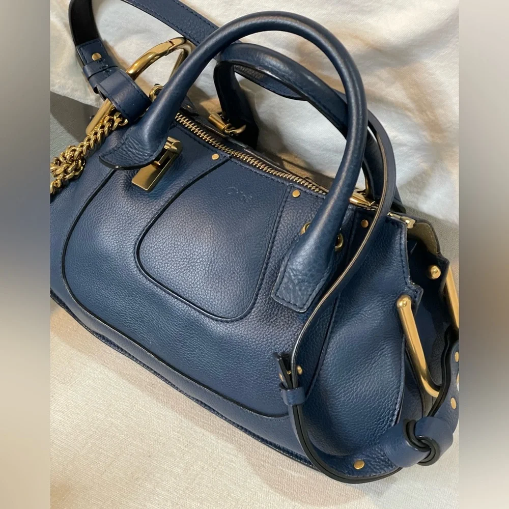 Chloe Dark Blue Leather Satchel with Gold Hardware - Picture 3 of 14